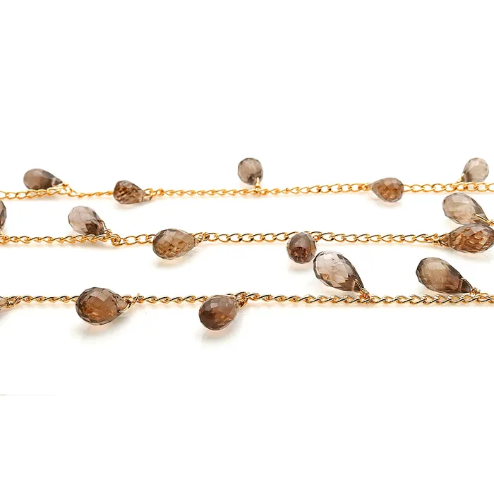 GemMartUSA Earrings Smoky Topaz Faceted Drop 13x7mm Gold Wire Wrapped Rosary Chain GemMartUSA Earrings Smoky Topaz Faceted Drop 13x7mm Gold Wire Wrapped Rosary Chain