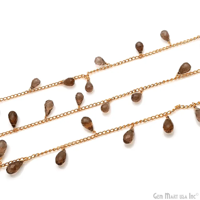 GemMartUSA Earrings Smoky Topaz Faceted Drop 13x7mm Gold Wire Wrapped Rosary Chain GemMartUSA Earrings Smoky Topaz Faceted Drop 13x7mm Gold Wire Wrapped Rosary Chain