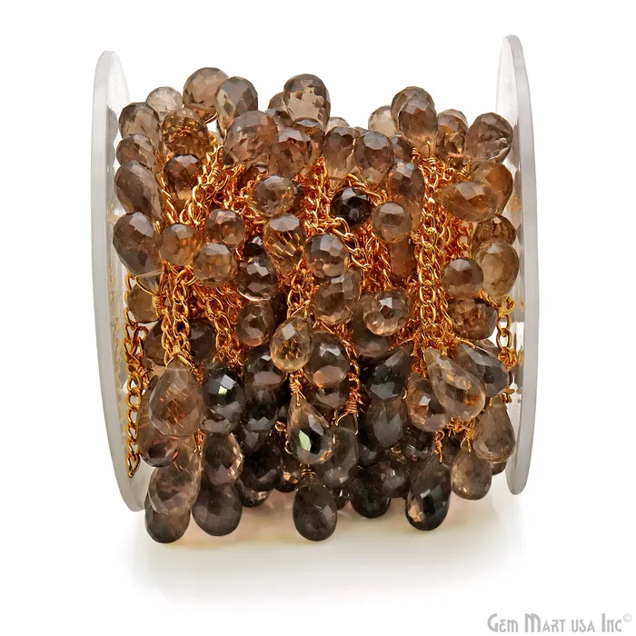 GemMartUSA Earrings Smoky Topaz Faceted Drop 13x7mm Gold Wire Wrapped Rosary Chain GemMartUSA Earrings Smoky Topaz Faceted Drop 13x7mm Gold Wire Wrapped Rosary Chain