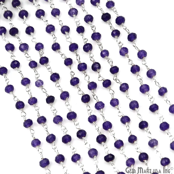 GemMartUSA Necklaces Amethyst Jade Faceted Beads 4mm Silver Plated Gemstone Rosary Chain GemMartUSA Necklaces Amethyst Jade Faceted Beads 4mm Silver Plated Gemstone Rosary Chain