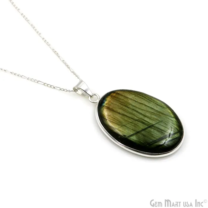 GemMartUSA Necklaces Labradorite Gemstone Oval 43x27mm Sterling Silver Necklace Pendant 1PC