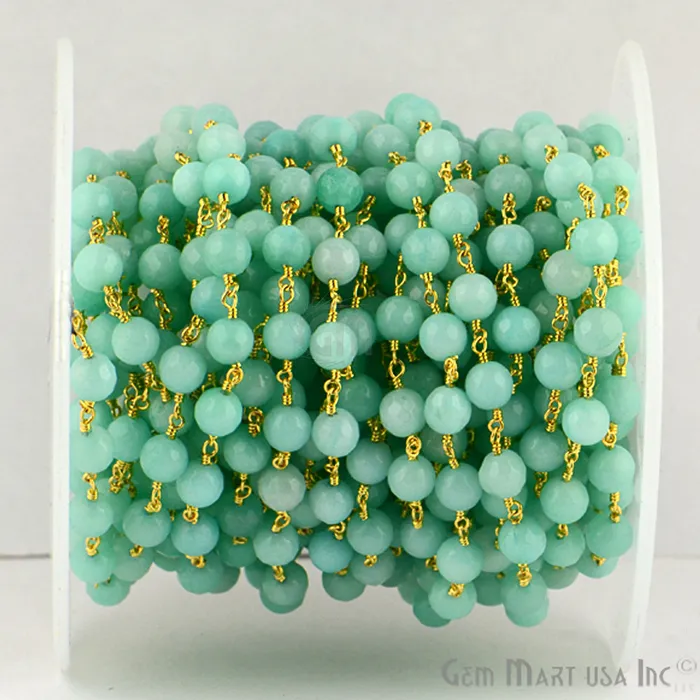 GemmartUSA Necklaces Light Green Jade Faceted Beads 6mm Gold Plated Wire Wrapped Rosary Chain GemmartUSA Necklaces Light Green Jade Faceted Beads 6mm Gold Plated Wire Wrapped Rosary Chain