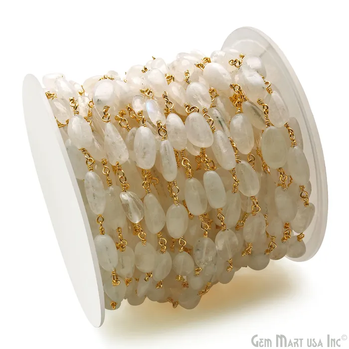 GemMartUSA Necklaces Rainbow Moonstone 12x5mm Tumble Beads Gold Plated Rosary Chain GemMartUSA Necklaces Rainbow Moonstone 12x5mm Tumble Beads Gold Plated Rosary Chain