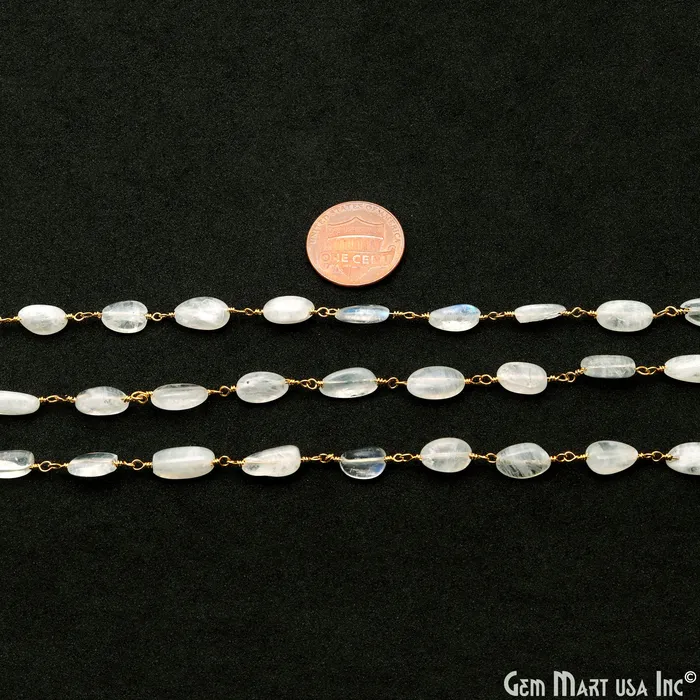 GemMartUSA Necklaces Rainbow Moonstone 12x5mm Tumble Beads Gold Plated Rosary Chain GemMartUSA Necklaces Rainbow Moonstone 12x5mm Tumble Beads Gold Plated Rosary Chain