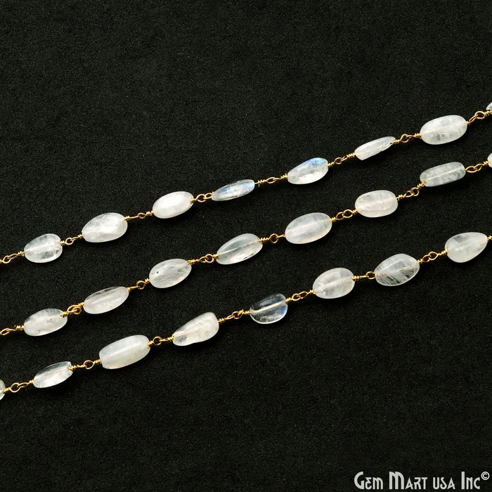 GemMartUSA Necklaces Rainbow Moonstone 12x5mm Tumble Beads Gold Plated Rosary Chain GemMartUSA Necklaces Rainbow Moonstone 12x5mm Tumble Beads Gold Plated Rosary Chain