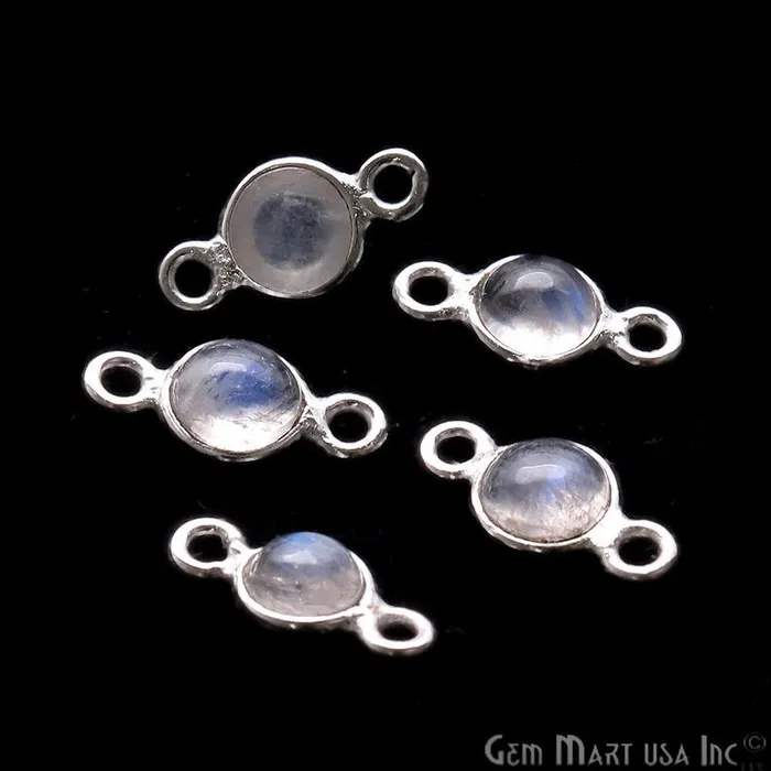 GemMartUSA Rings Rainbow Moonstone Cabochon 5mm Round Silver Plated Double Bail Gemstone Connector
