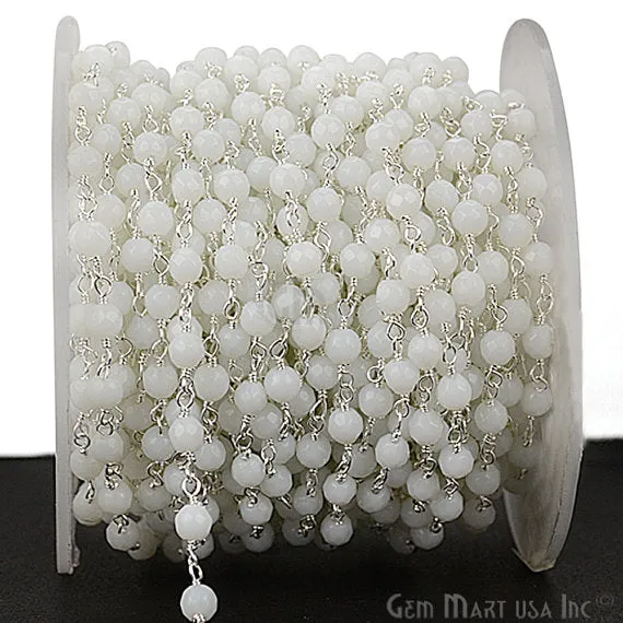 GemMartUSA Rings White Agate Beads Silver Plated Wire Wrapped Rosary Chain