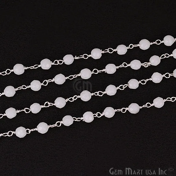 GemMartUSA Rings White Agate Beads Silver Plated Wire Wrapped Rosary Chain