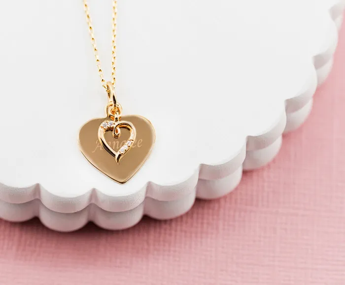 Girls 14K GoldPlated FREE Engraved Heart with CZ Heart Necklace Cherished Moments Necklaces
