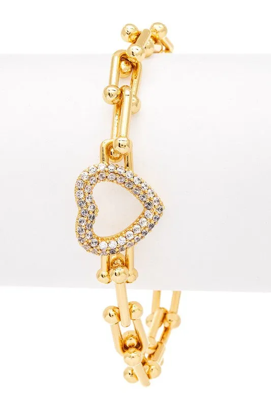LA Jewelry Plaza Bracelets Micro Pave Heart Charm Paperclip Bracelet