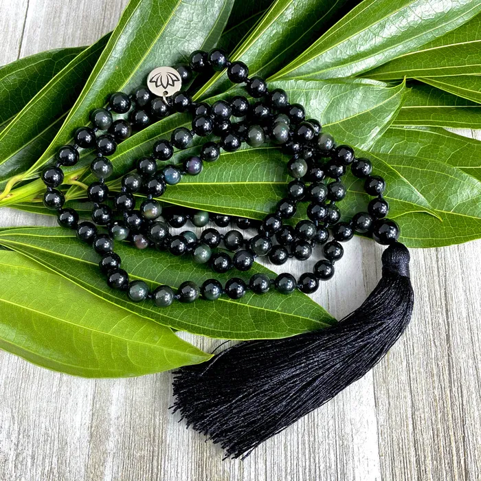 Lily Rose Jewelry Limited Edition Rainbow Obsidian Discovery Healing 108 Hand Knotted Mala with Tassel Necklace Necklaces Lily Rose Jewelry Limited Edition Rainbow Obsidian Discovery Healing 108 Hand Knotted Mala with Tassel Necklace Necklaces