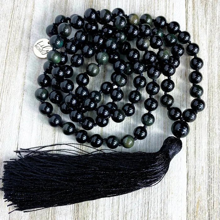 Lily Rose Jewelry Limited Edition Rainbow Obsidian Discovery Healing 108 Hand Knotted Mala with Tassel Necklace Necklaces