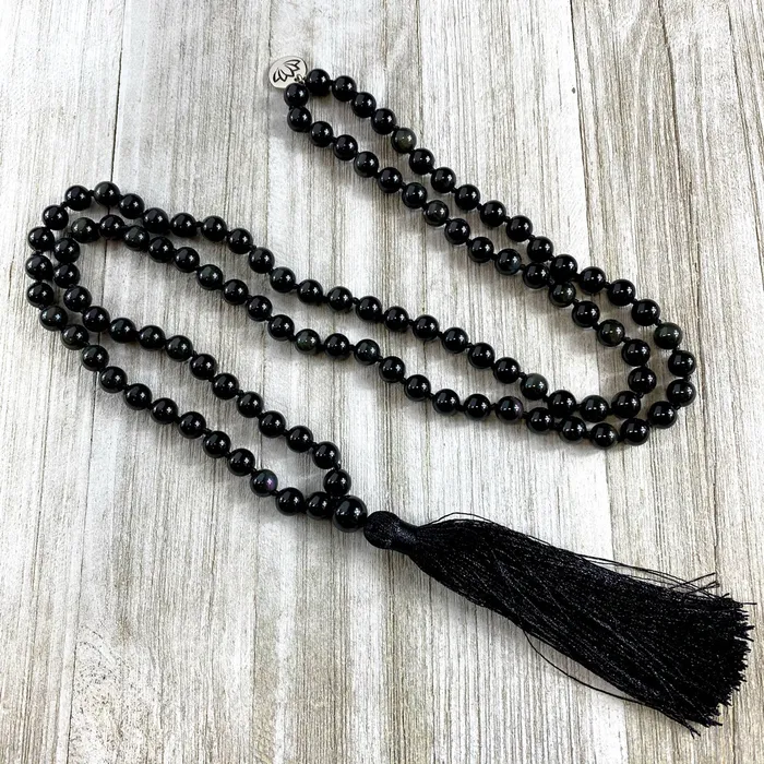 Lily Rose Jewelry Limited Edition Rainbow Obsidian Discovery Healing 108 Hand Knotted Mala with Tassel Necklace Necklaces