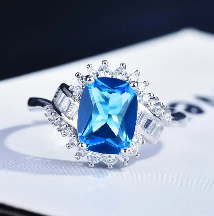 Minx London Baguette Diamond Ring Womens Statement Ring Aquamarine Engagement Ring Blue Diamond Ring Blue Tourmaline Ring Blue Gemstone Ring Rings