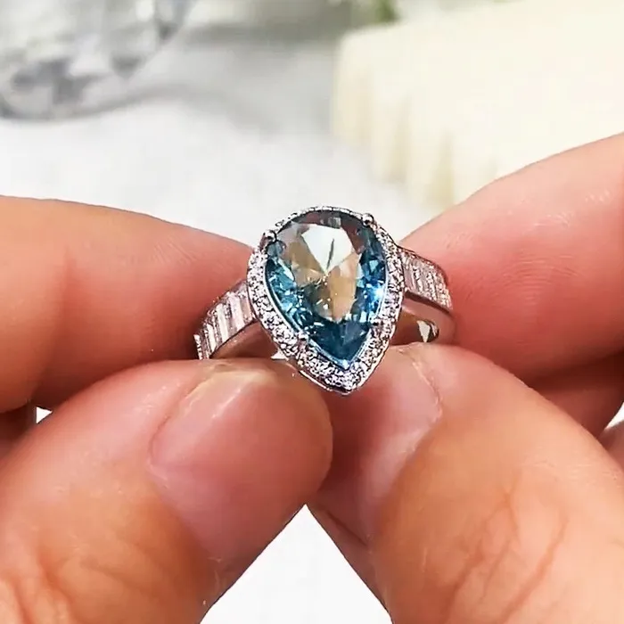 Minx London Rings Aquamarine Diamond Ring Pear Shape Ring Blue Diamond Ring