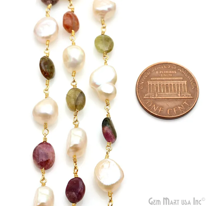 Multi Tourmaline Pearl Rondelle Beads 10x6mm Gold Plated Wire Wrapped Rosary Chain GemMartUSA Necklaces