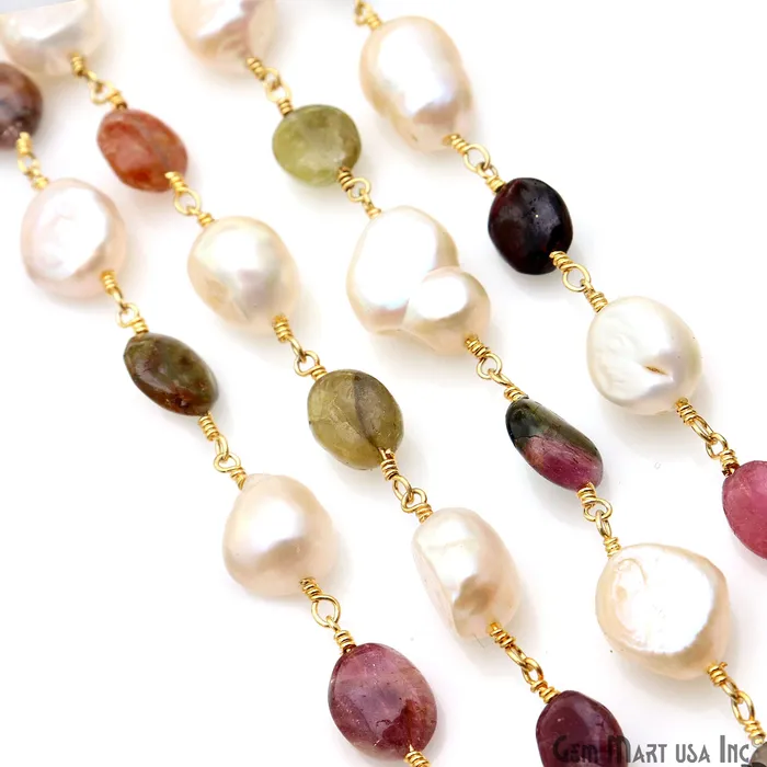 Multi Tourmaline Pearl Rondelle Beads 10x6mm Gold Plated Wire Wrapped Rosary Chain GemMartUSA Necklaces