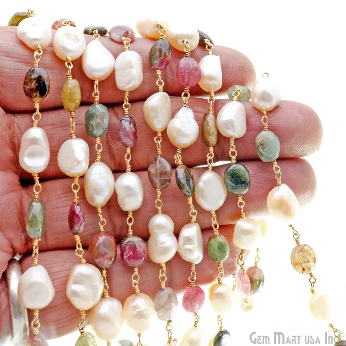 Multi Tourmaline Pearl Rondelle Beads 10x6mm Gold Plated Wire Wrapped Rosary Chain GemMartUSA Necklaces
