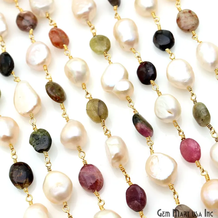 Multi Tourmaline Pearl Rondelle Beads 10x6mm Gold Plated Wire Wrapped Rosary Chain GemMartUSA Necklaces