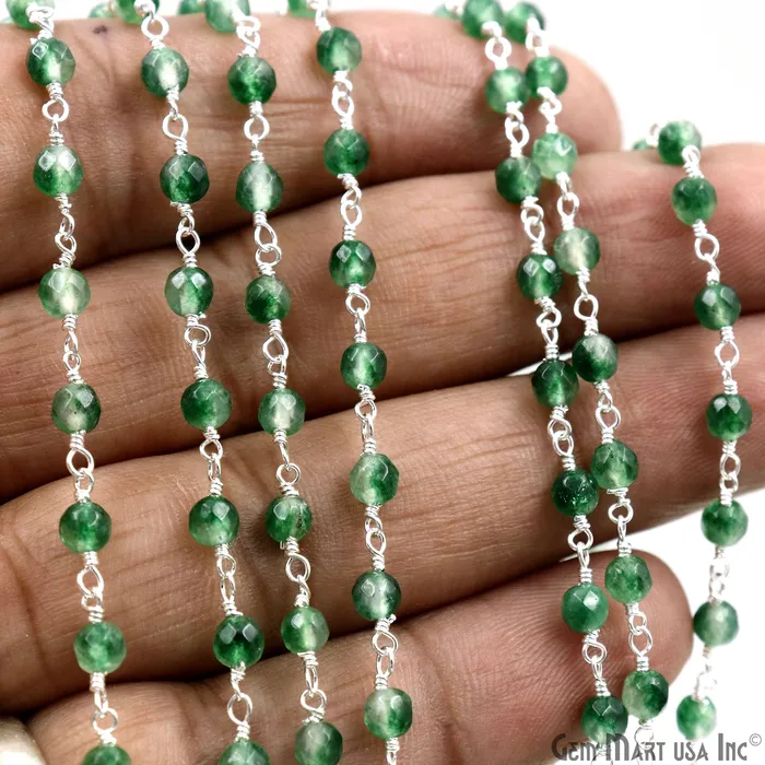 Necklaces Emerald Jade Beads 4mm Silver Plated Wire Wrapped Rosary Chain GemMartUSA