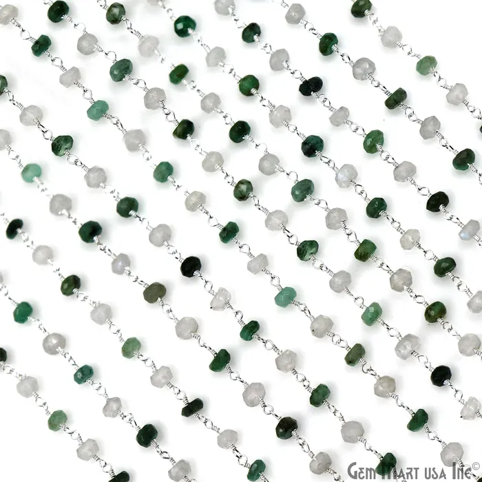 Necklaces GemMartUSA Emerald Rainbow Faceted Beads 4mm Silver Wire Wrapped Rosary Chain Necklaces GemMartUSA Emerald Rainbow Faceted Beads 4mm Silver Wire Wrapped Rosary Chain