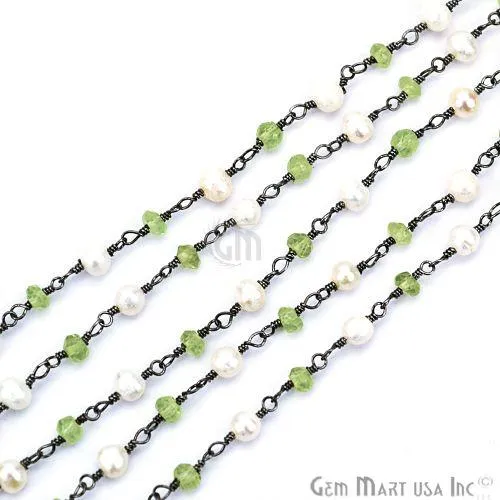 Necklaces GemMartUSA Peridot With Pearl Gemstone Beaded Oxidized Wire Wrapped Rosary Chain