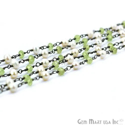 Necklaces GemMartUSA Peridot With Pearl Gemstone Beaded Oxidized Wire Wrapped Rosary Chain