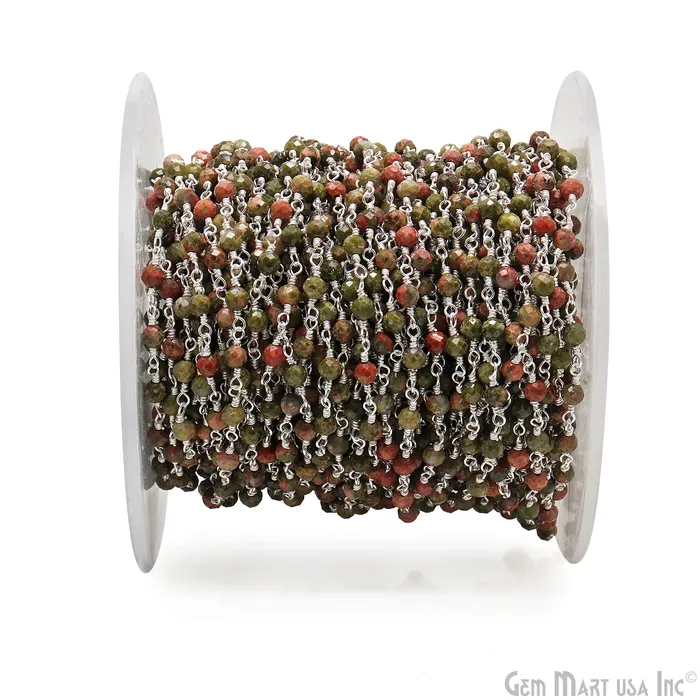 Necklaces GemMartUSA Unakite Faceted 335mm Silver Plated Beaded Wire Wrapped Rosary Chain Necklaces GemMartUSA Unakite Faceted 335mm Silver Plated Beaded Wire Wrapped Rosary Chain