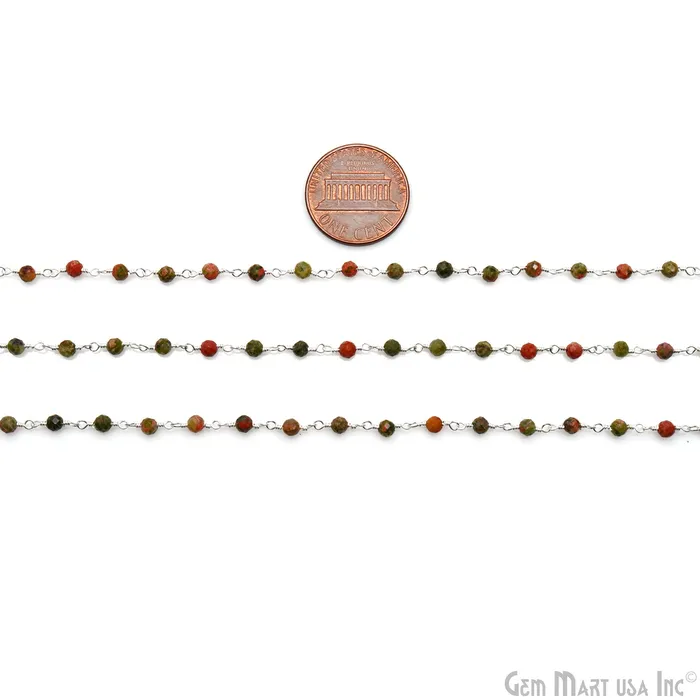 Necklaces GemMartUSA Unakite Faceted 335mm Silver Plated Beaded Wire Wrapped Rosary Chain