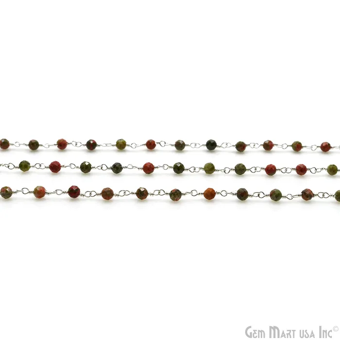 Necklaces GemMartUSA Unakite Faceted 335mm Silver Plated Beaded Wire Wrapped Rosary Chain