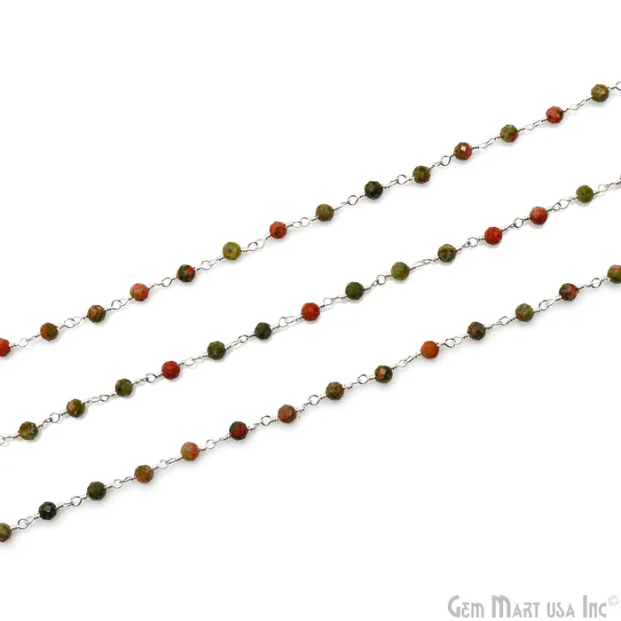Necklaces GemMartUSA Unakite Faceted 335mm Silver Plated Beaded Wire Wrapped Rosary Chain