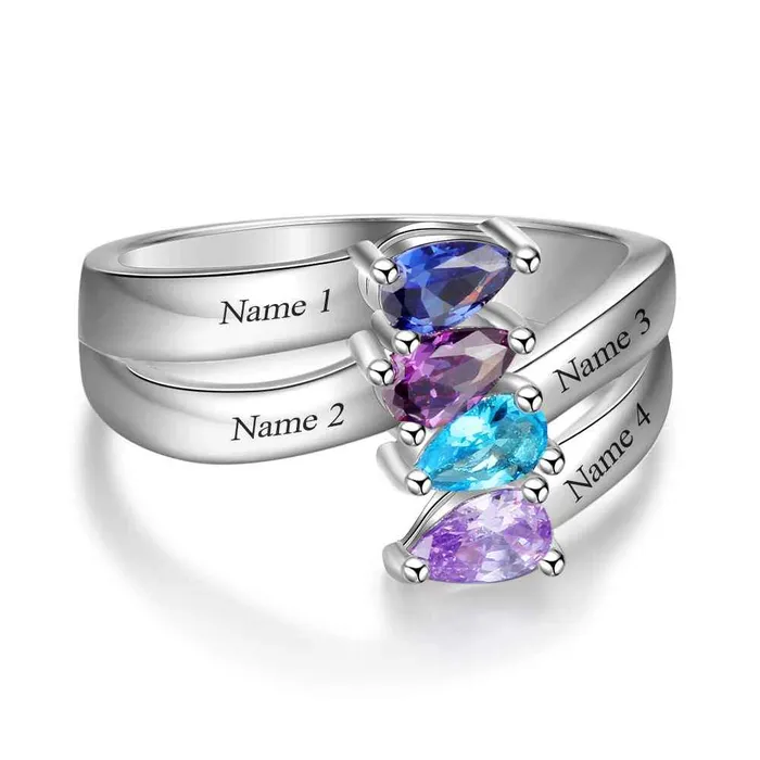 Personalized Gift for Friendship Engraved 4 Names Sister Birthstone Promise Rings 925 Sterling Silver Jewelry Personalized Jewel Rings
