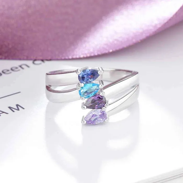 Personalized Gift for Friendship Engraved 4 Names Sister Birthstone Promise Rings 925 Sterling Silver Jewelry Personalized Jewel Rings