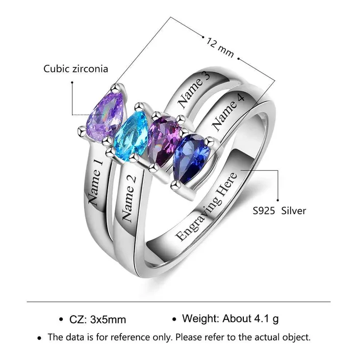 Personalized Gift for Friendship Engraved 4 Names Sister Birthstone Promise Rings 925 Sterling Silver Jewelry Personalized Jewel Rings