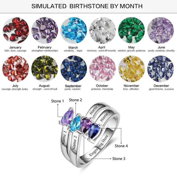 Personalized Gift for Friendship Engraved 4 Names Sister Birthstone Promise Rings 925 Sterling Silver Jewelry Personalized Jewel Rings