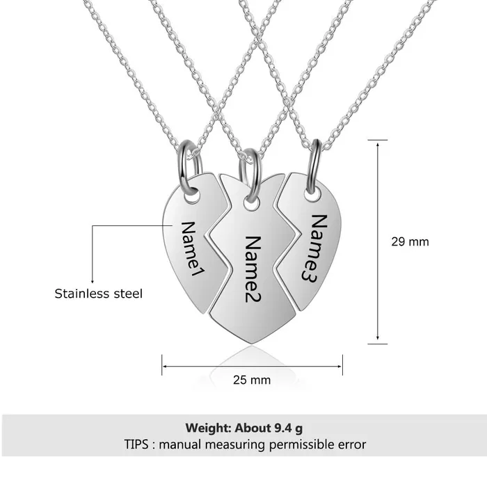 Personalized Jewel Necklaces 3 Pcs Heart Shape Personalized Name Necklace