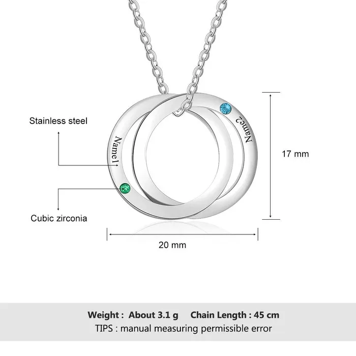 Personalized Stainless Steel Double Circles Necklace with Custom Name Engraved Birthstone Pendant Couple Gift Necklace Personalized Jewel Necklaces