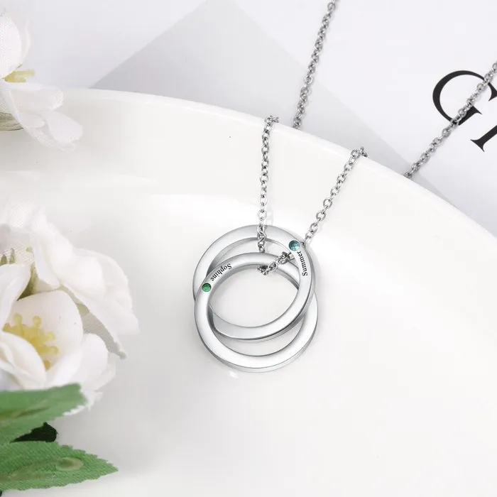 Personalized Stainless Steel Double Circles Necklace with Custom Name Engraved Birthstone Pendant Couple Gift Necklace Personalized Jewel Necklaces