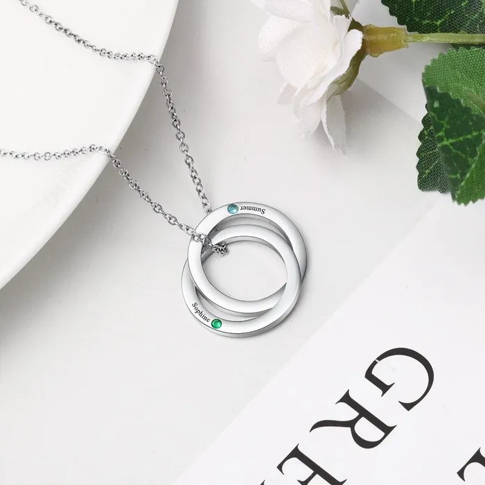 Personalized Stainless Steel Double Circles Necklace with Custom Name Engraved Birthstone Pendant Couple Gift Necklace Personalized Jewel Necklaces