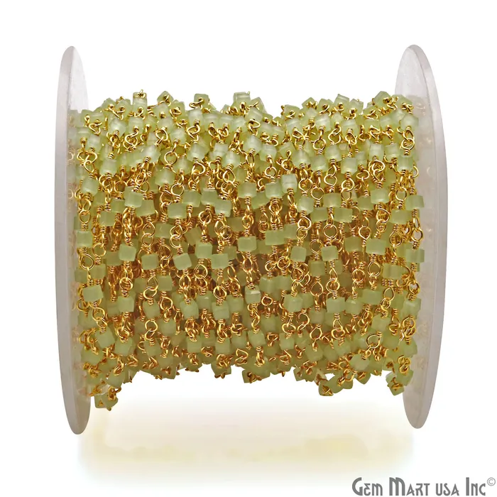 PreStyled Sets GemMartUSA Prehnite Cube Faceted 2mm Gold Wire Wrapped Rosary Chain