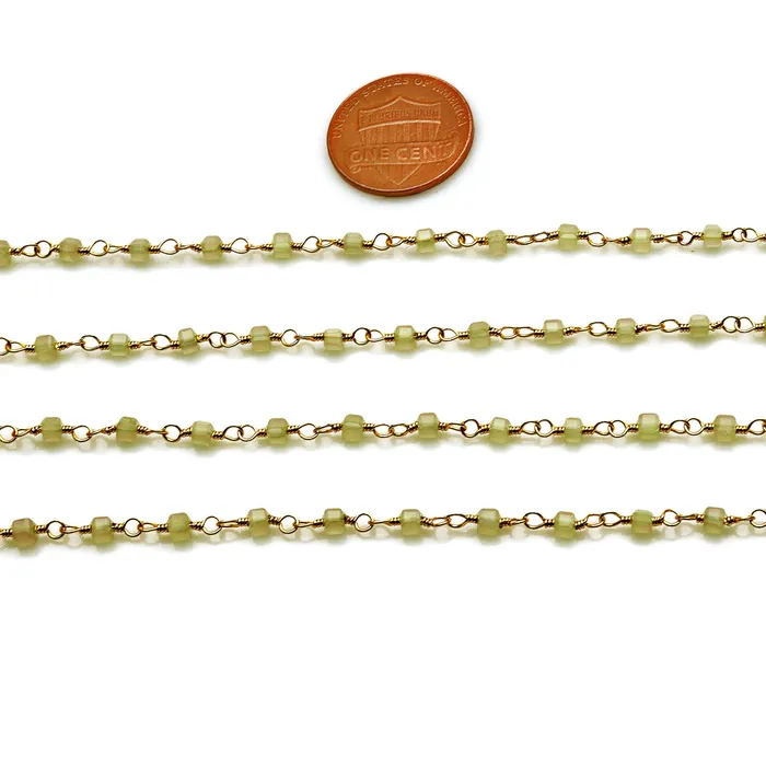 PreStyled Sets GemMartUSA Prehnite Cube Faceted 2mm Gold Wire Wrapped Rosary Chain