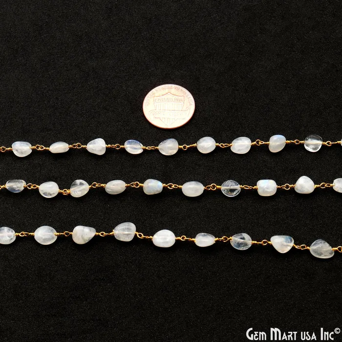 Rainbow Moonstone 8x5mm Tumble Beads Gold Plated Rosary Chain GemMartUSA Necklaces Rainbow Moonstone 8x5mm Tumble Beads Gold Plated Rosary Chain GemMartUSA Necklaces