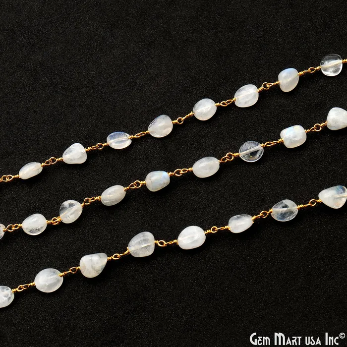 Rainbow Moonstone 8x5mm Tumble Beads Gold Plated Rosary Chain GemMartUSA Necklaces Rainbow Moonstone 8x5mm Tumble Beads Gold Plated Rosary Chain GemMartUSA Necklaces