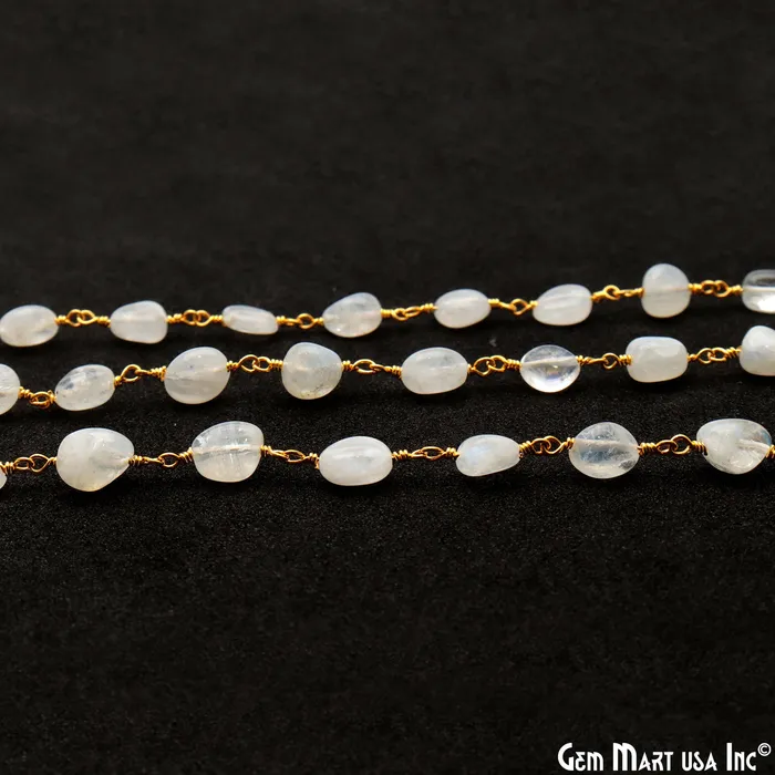 Rainbow Moonstone 8x5mm Tumble Beads Gold Plated Rosary Chain GemMartUSA Necklaces Rainbow Moonstone 8x5mm Tumble Beads Gold Plated Rosary Chain GemMartUSA Necklaces