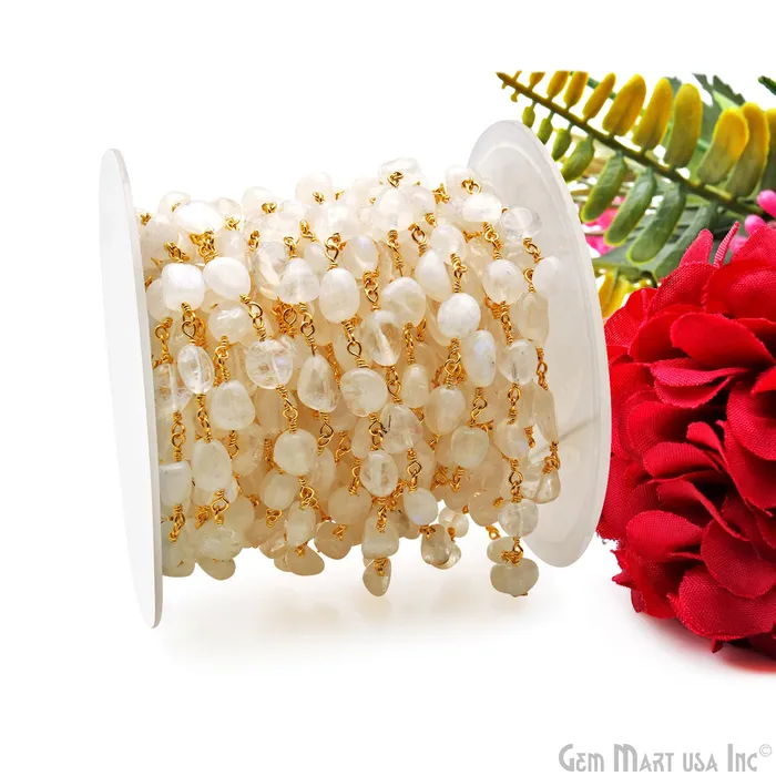 Rainbow Moonstone 8x5mm Tumble Beads Gold Plated Rosary Chain GemMartUSA Necklaces Rainbow Moonstone 8x5mm Tumble Beads Gold Plated Rosary Chain GemMartUSA Necklaces