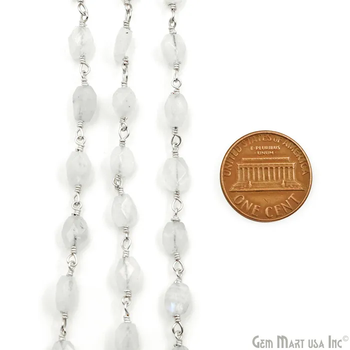Rainbow Moonstone Faceted Beads 6x8mm Silver Wire Wrapped Rosary Chain GemMartUSA Necklaces