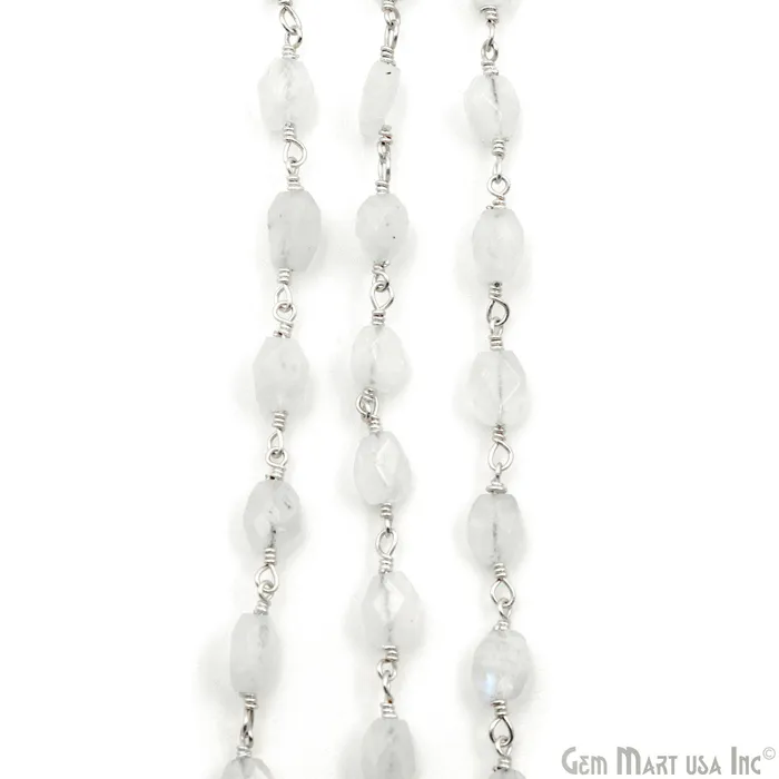Rainbow Moonstone Faceted Beads 6x8mm Silver Wire Wrapped Rosary Chain GemMartUSA Necklaces