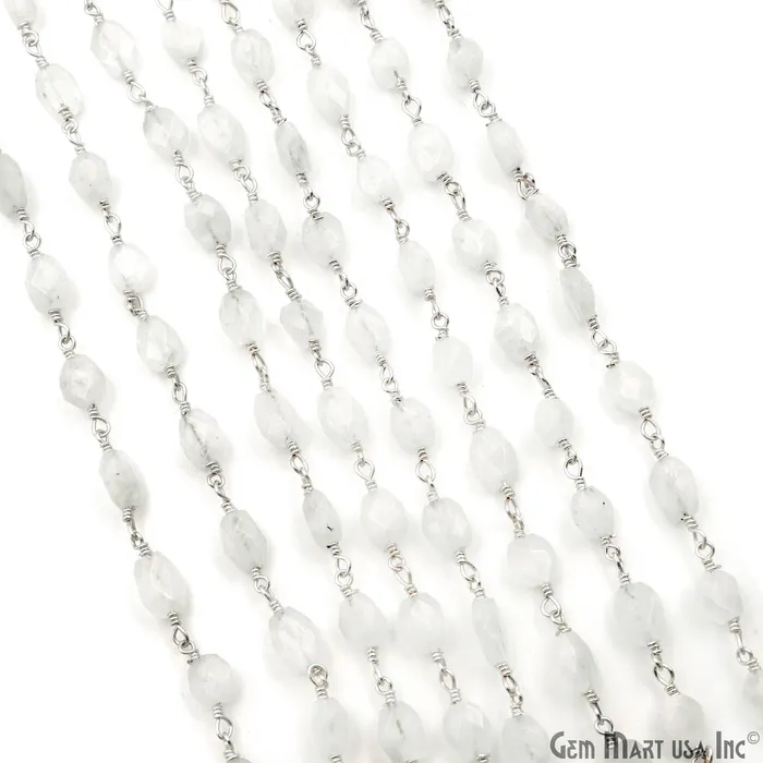 Rainbow Moonstone Faceted Beads 6x8mm Silver Wire Wrapped Rosary Chain GemMartUSA Necklaces