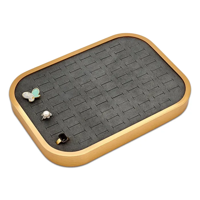 Rings JPI Display 10 58 x 7 58 Gold Brushed Aluminum Gray Velvet 76 Ring Display Tray Rings JPI Display 10 58 x 7 58 Gold Brushed Aluminum Gray Velvet 76 Ring Display Tray
