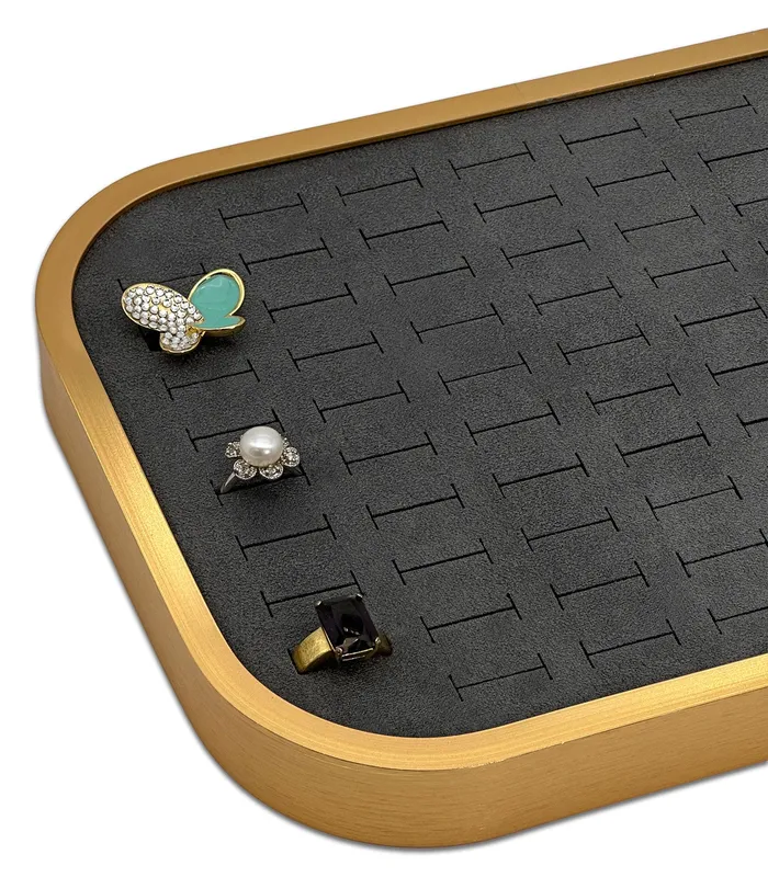 Rings JPI Display 10 58 x 7 58 Gold Brushed Aluminum Gray Velvet 76 Ring Display Tray Rings JPI Display 10 58 x 7 58 Gold Brushed Aluminum Gray Velvet 76 Ring Display Tray